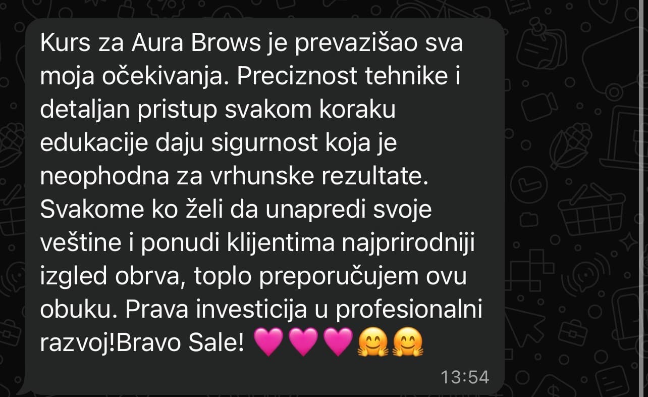 Utisak o Aura Brows kursu, detaljnom pristupu i prirodnom izgledu obrva.