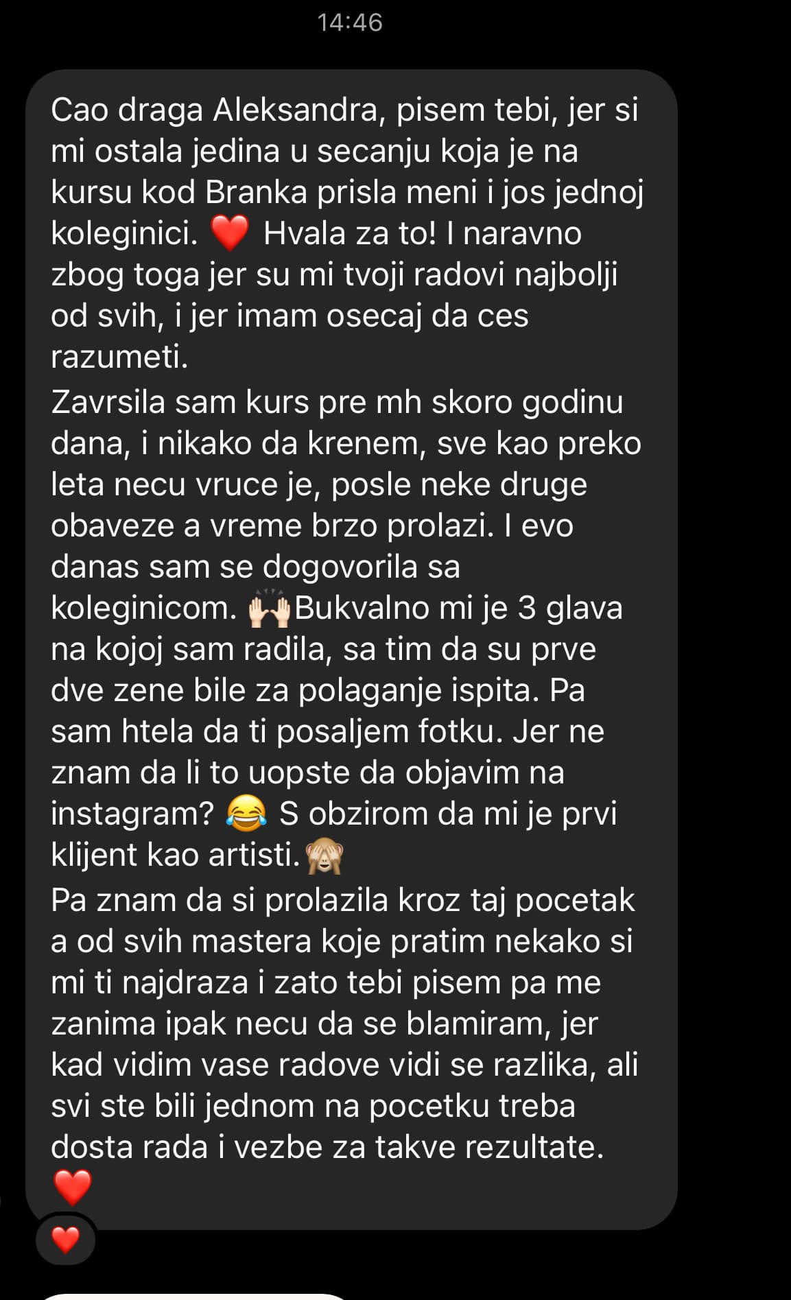 Poruka polaznice o tome koliko joj Saškin rad i edukacija znače u učenju.
