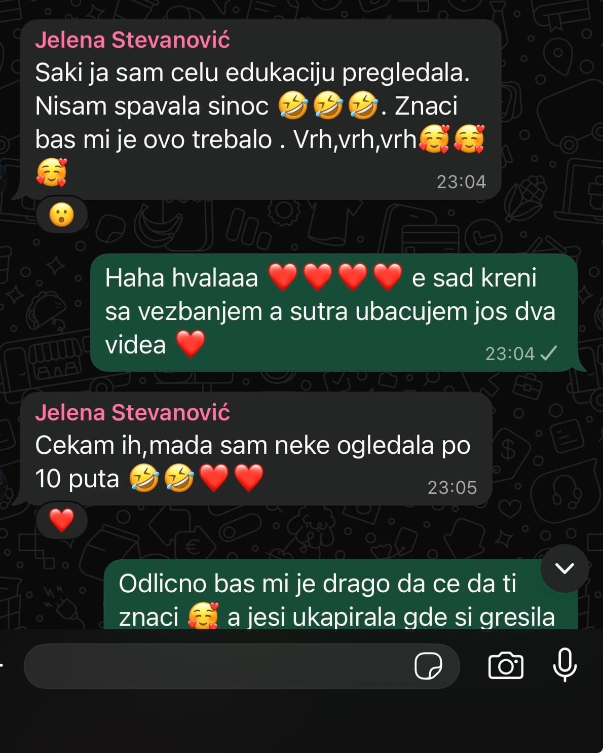 Poruke polaznice koja je celu edukaciju pregledala više puta.