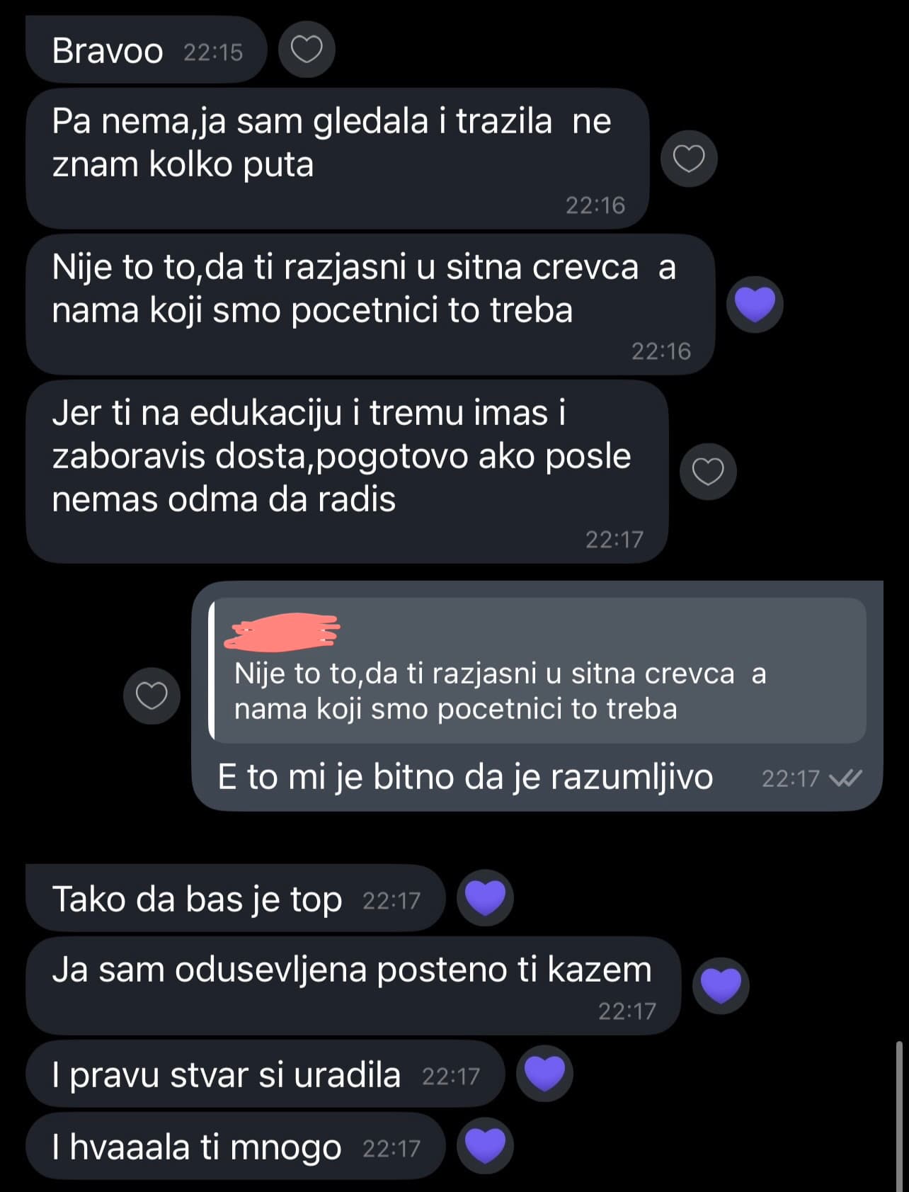 Poruke o detaljima edukacije koji pomažu polaznici da razume svaki korak.